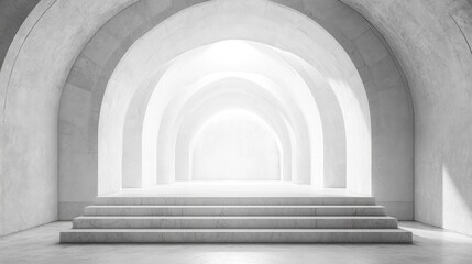 Poster - A spacious interior design featuring multiple arches and wide steps, illuminated by soft natural light, creates a serene and inviting atmosphere