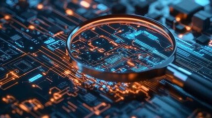 Poster - A magnifying glass sits over a circuit board with glowing orange and blue lights.