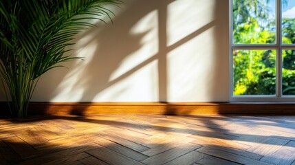 Poster - Sunlight streams through a window, creating intricate shadows on a polished wooden floor. A lush potted plant adds a touch of nature to the warm, inviting space