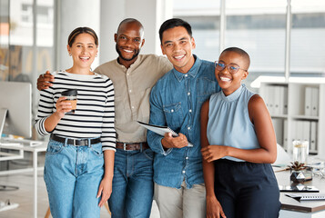 Poster - Business people, portrait and office with group hug, smile and confidence for management goals. Creative writers, news editor and diversity for content creation, publishing and press startup agency