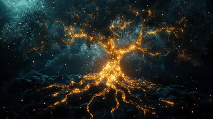 Wall Mural - a glowing tree with roots extending into a dark, cloudy sky.
