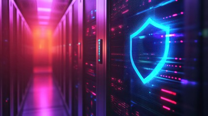 Poster - A glowing blue shield icon on a server rack in a data center with red and blue lighting.
