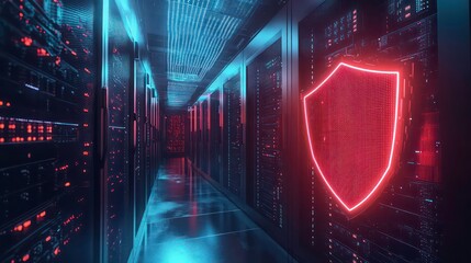 Poster - A neon red shield glows in front of a server rack, representing data security and cybersecurity in a modern data center.