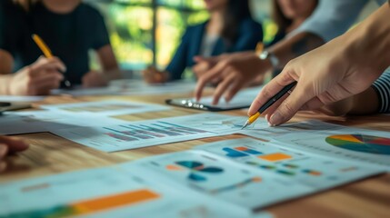 Poster - Close-up of a business meeting with people looking at charts and graphs on a table, with a person's hand pointing at the data.