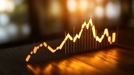 Poster - A golden line graph ascends on a wooden surface against a blurry background, representing growth, progress, and success.