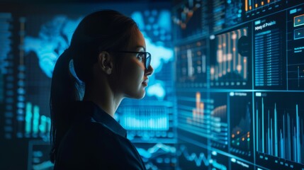 AI developer working on data models, surrounded by data visualizations