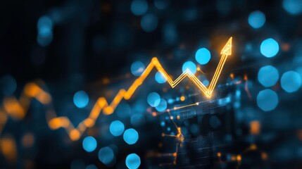 Poster - Abstract glowing arrow pointing upwards against a dark background with blue and orange bokeh lights, symbolizing growth, success, and positive trends.