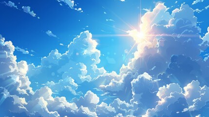 Anime blue sky filled with fluffy white clouds and a bright shining sun, joyful sunny day scene, vector image