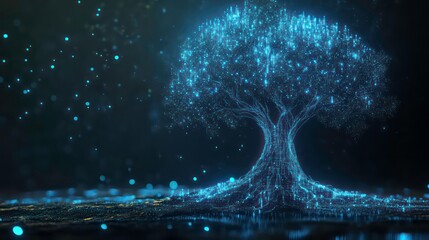 Wall Mural - a glowing blue tree with twinkling lights, abstract and digital, symbolic of growth, technology, and