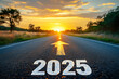 © BOTAHRY DEX - Road to 2025 with an empty road with written 2025 and arrow pointing towards the horizon to represent the future and positivity and success of the new year 2025