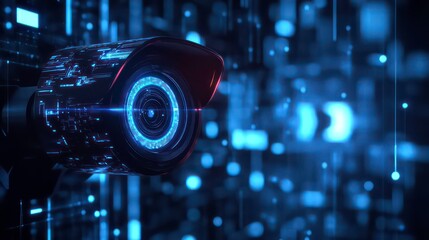 Poster - A futuristic security camera with a glowing blue lens, set against a background of blue digital circuits and bokeh lights.