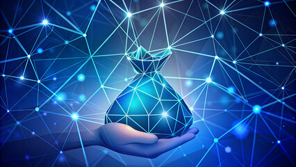 Poster - A hand extends, cradling a radiant blue bag representing wealth, surrounded by a web of glowing lines and dots, evoking a sense of connectivity and technology
