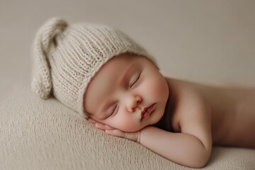 portrait of newborn baby with sleeping cap in a photo shoot