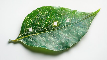 Wall Mural - a green leaf with a circuit board pattern.