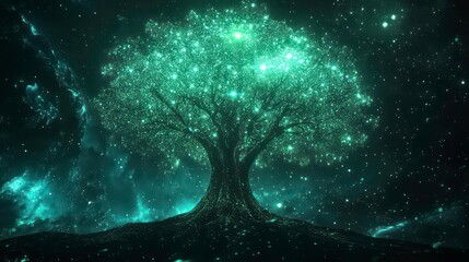 Wall Mural - a glowing green tree with a starry night sky background.