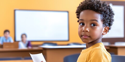 young kid student giving presentation in class with whiteboard