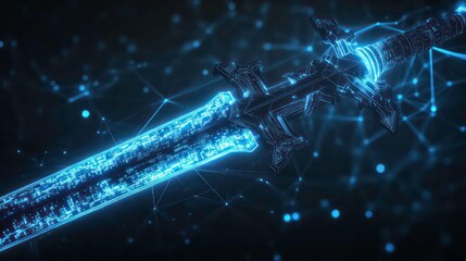 Poster - A glowing blue sword with intricate details, set against a dark background with a network of glowing blue lines.