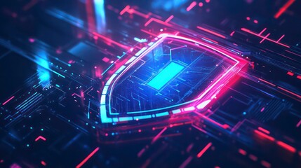 Poster - a glowing blue circuit board inside a red glowing shield, on a dark blue background with neon red an