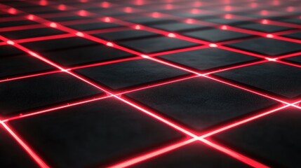 Wall Mural - black wallpaper with glowing red neon edges on a futuristic grid