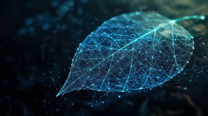 Wall Mural - abstract digital leaf with glowing blue veins and connected dots on dark background.