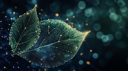 Wall Mural - two green leaves with golden veins and a network of glowing dots.