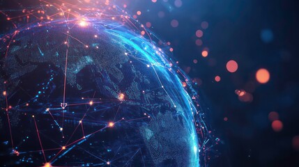 Poster - A glowing blue and red globe with lines of code and connections symbolizing global digital network.