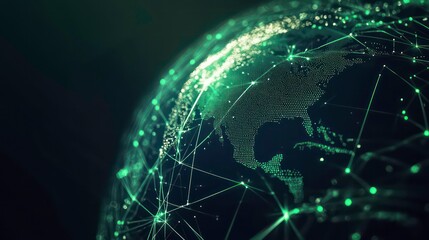 Poster - A close-up view of a digital globe with glowing green lines connecting the continents, representing global connection and communication.
