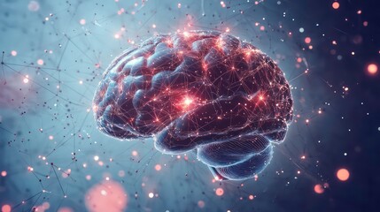 Poster - A 3D rendering of a human brain with glowing neural pathways and connections.