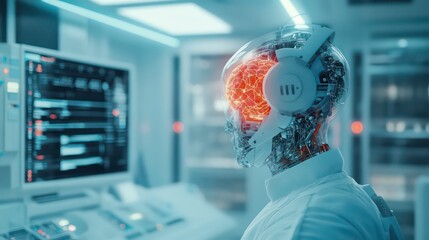 Poster - A futuristic robot with a glowing brain sits in a high-tech laboratory, looking at a computer screen.