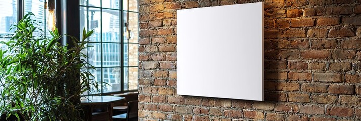 blank vertical canvas handing on brick wall in restaurant dining room