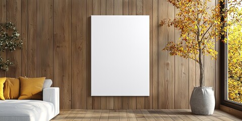 blank vertical canvas handing on wooden wall