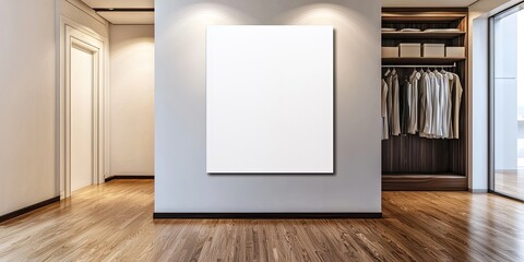 blank vertical canvas handing on bedroom wall with walk-in closet in background