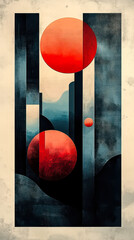 Poster - Minimalist Abstract Composition with Geometric Shapes and Vibrant Red Spheres on Textured Background, Modern Art, Clean Lines, Contemporary Design, Artistic Expression, Creative Concept