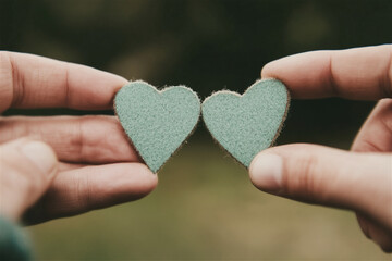 Couple holding two green hearts between their fingers celebrating valentine's day