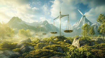 a golden scale of justice stands in a mountainous landscape with two wind turbines in the background