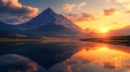 Dreamy mountain view enhanced by sunset reflections on smooth lake image