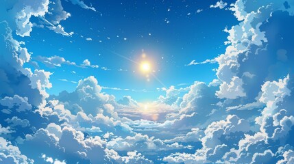 Anime blue sky filled with fluffy white clouds and a bright shining sun, joyful sunny day scene, vector image