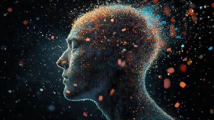 Poster - A digital art rendering of a human head composed of colorful particles, symbolizing the complexities of the human mind.