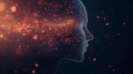 Poster - A profile of a digital human head with glowing particles emanating from the brain area.
