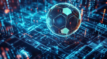 Wall Mural - a digital rendering of a soccer ball floating over a futuristic circuit board with glowing blue and 