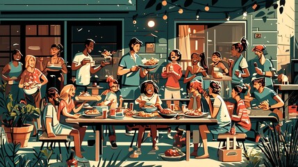 A vibrant illustration of a joyous outdoor family gathering with a diverse group of friends sharing food, laughter, and happiness in a lively atmosphere.