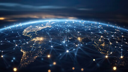 Poster - A glowing, blue, network of connections representing the internet around a nighttime, earth with city lights.