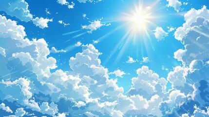 Anime blue sky filled with fluffy white clouds and a bright shining sun, joyful sunny day scene, vector image