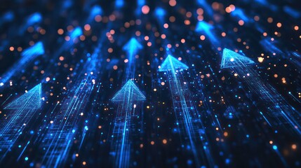 Poster - abstract glowing blue arrows pointing upwards in a dark digital space, representing growth, progress