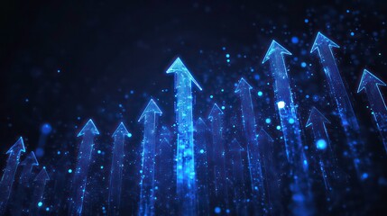 Poster - Abstract glowing blue arrows pointing upwards against a dark background.