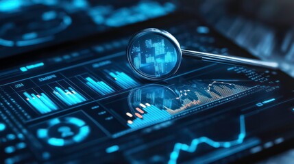 Poster - A magnifying glass lies on a tablet displaying charts and graphs, signifying the analysis and examination of financial data.