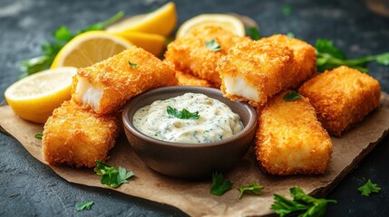 Wall Mural - Golden-brown breaded fish sticks served with a tangy dipping sauce and lemon wedges on a rustic wooden background