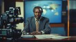 © Lion - An African American old news anchor in a suit, seated at a desk with camera filmed him