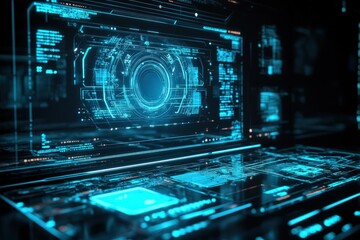 Wall Mural - futuristic holographic displays in a glowing blue color on a black background