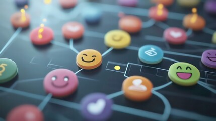 Poster - A network of colorful emojis connected by lines, representing social connections and interactions.